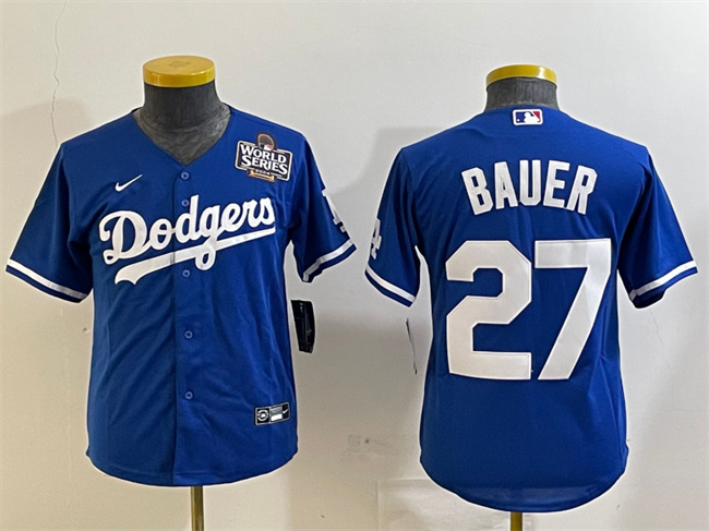 Youth Los Angeles Dodgers #27 Trevor Bauer Blue 2024 World Series Cool Base Stitched Jersey Youth Los Angeles Dodgers #27 Trevor Bauer Blue 2024 World Series Cool Base Stitched Jersey